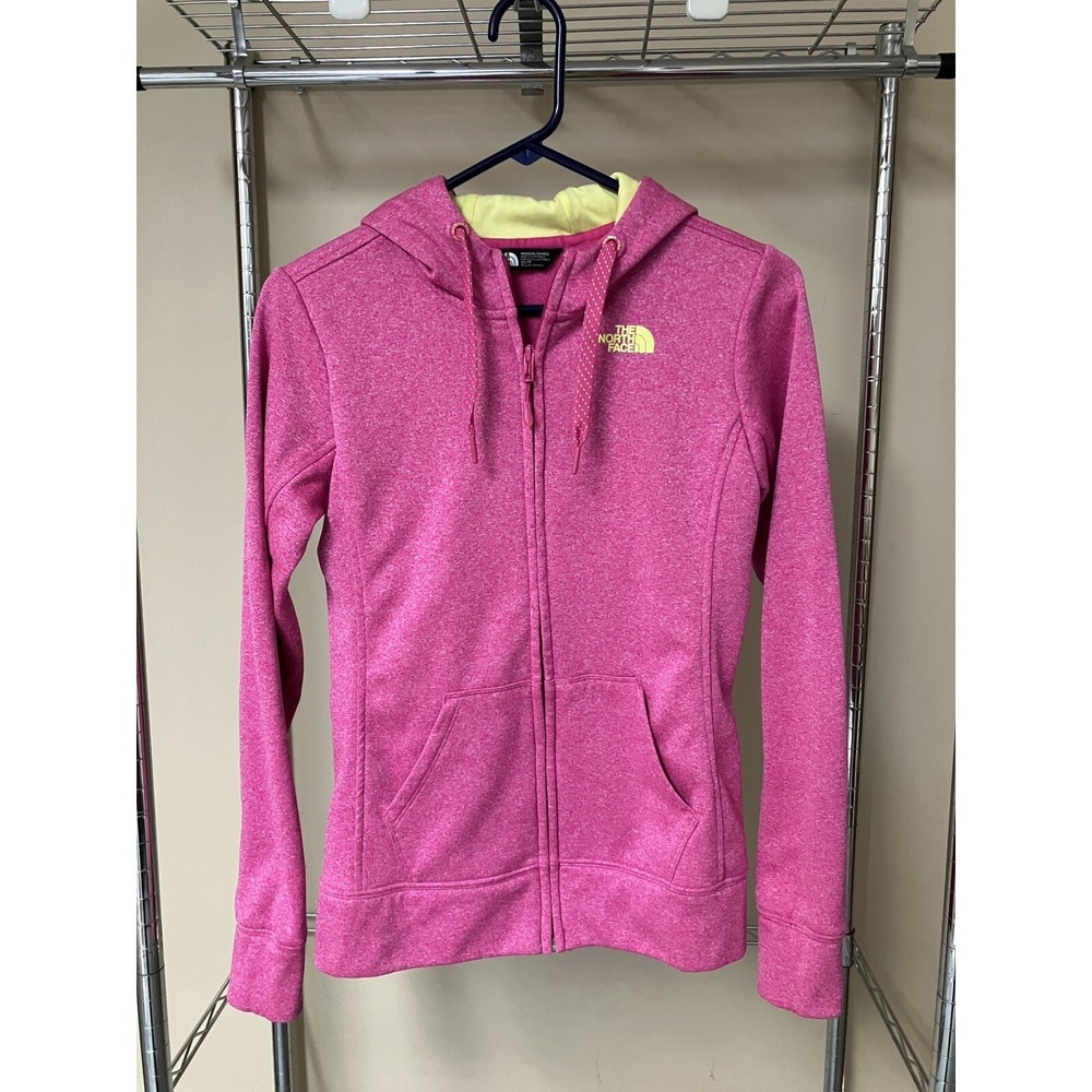 The North Face Zip Front Jacket Pink and Yellow Drawstring Hood 2 Pockets XS